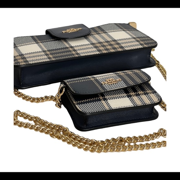 Coach Womens Crossbody Bag With Pouch Coin Bag Chain Strap Poppy Plaid Leather - Picture 6 of 15